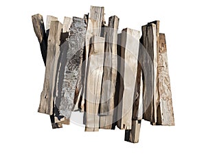 Fresh bundle of wooden firewood slivers top view isolated