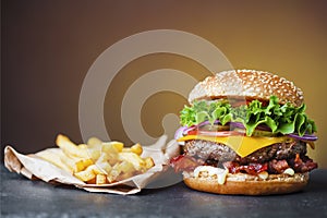 Fresh burger with french fries