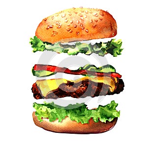 Fresh burger ingredients, tasty hamburger, fresh burger with lettuce, cheese, tomato, meat, cucumber, bun, fast food