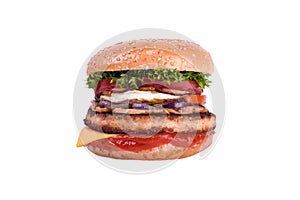 Fresh burger with pork and beef, chicken egg, cheddar, mushrooms, bulgarian grilled pepper, caramelized onions, salad