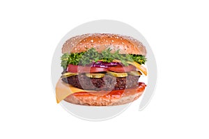 Fresh burger with pork and beef cutlet, tomato, pickled cucumber, pickled onions, Cheddar cheese, salad mix isolated on