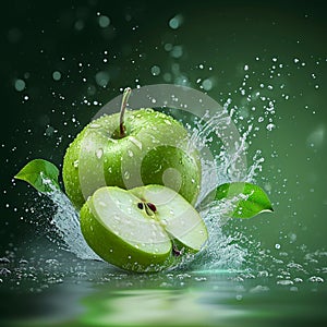 Fresh burst Water splashing on a green apple and cut slice