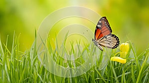 Fresh butterfly and yellow green grass form Easter spring background