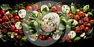 Fresh caprese salad ingredients on dark background