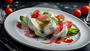 Fresh caprese salad in a restaurant vegetable dinner presentation menu