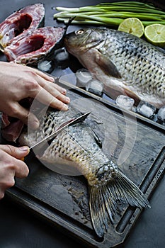 Fresh carp on a dark background with greens and vegetables. A man cuts carp into pieces on a wooden board