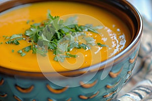 Fresh Carrot and Ginger Soup with Parsley Garnish photo