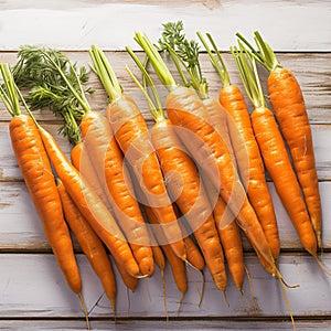 Fresh carrot harvest arranged in an appealing bunch on wooden table