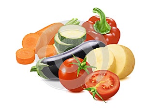 Fresh carrot, red sweet pepper, sliced zucchini, eggplant, potato and tomato isolated on white background