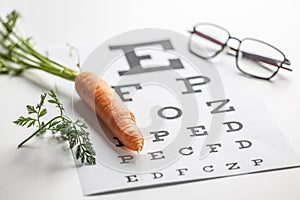 Fresh carrots as a source of vitamin A placed on the eye test chart. Glasses and carrot, concept of good eyesight