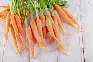 fresh carrots bunch on rustic wooden background photo
