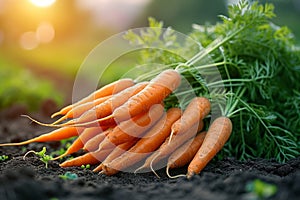 Fresh carrots in the field, a bunch of vibrant orange