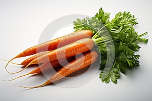 Fresh carrots with green leaves isolated on white background. Healthy food