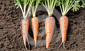 Fresh carrots with green leaves on soil background. Organic food concept.