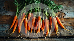 Fresh carrots with green tops on wooden background