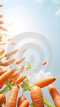 Fresh carrots with greens falling through the air on sky background