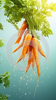 Fresh carrots with greens falling through the air on sky background