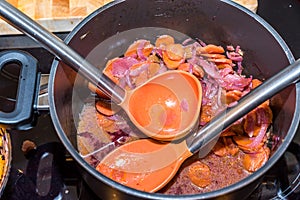 Fresh carrots and onions frying in pan casserole