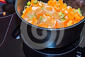 Fresh carrots and onions frying in pan casserole