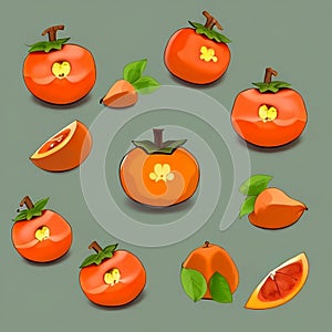 A fresh cartoon persimmon, with bright, half colorful slices and a whole, juicy appearance, stands out against the green