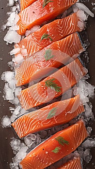 Fresh catch Salmon fillets on ice, artfully arranged in the kitchen