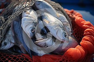 Fresh catch of sea fish in a fishing net