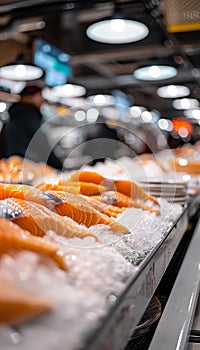 Fresh catches at vibrant fish market displayed on ice beds, accentuating intricate details photo