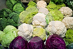 Fresh cauliflowers, cabbages. Vegetable market, food background