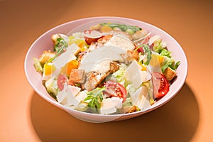 Fresh ceasar salad with vegetables on a color background