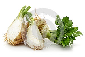 Fresh celeriac root with slice isolated photo