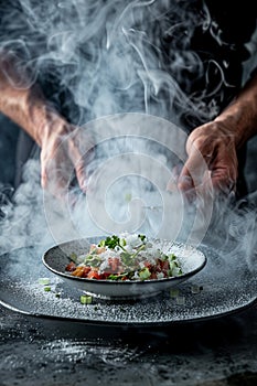 Fresh ceviche under a cloud of citrus mist, spicy aromas mingling with the hint of smoke