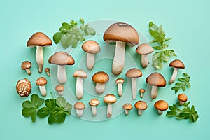 Fresh champignon mushroom isolated on pastel green background. Raw food ingredient concept Flat lay Generative AI