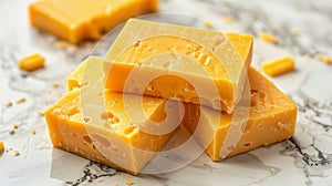 Fresh Cheddar cheese slices on a bright marble background for culinary themes