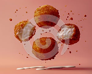 Fresh Cheese Balls with Crispy Golden Breadcrumbs Floating in Air on Pink Background