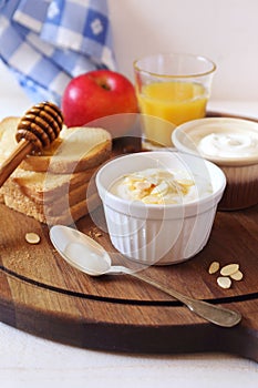 Fresh cheese, crispy bread and orange juice