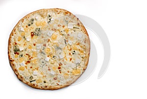 Fresh cheese pizza with four sort cheese isolated on white background. Copyspace. Top view