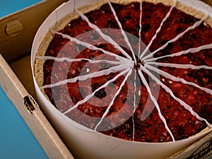 Fresh cheesecake in opened paper box, close up.