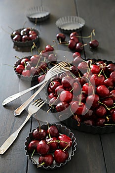 Fresh cherries in aluminum plates