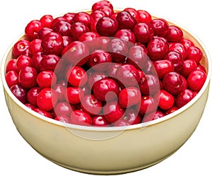 Fresh cherries in beige bowl isolated on white background