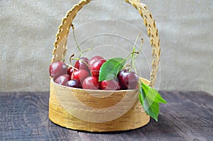 Fresh cherries in bowl on table