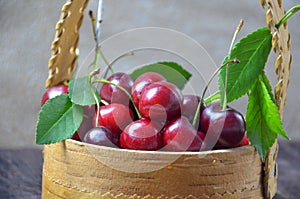 Fresh cherries in bowl on table