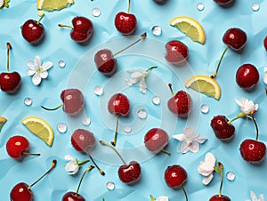 Fresh cherries covered in water drops and lemon slices pattern on a pastel blue background.