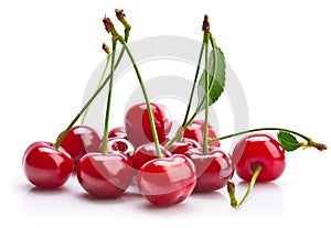 Fresh cherries with green leaves