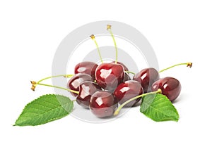 Fresh cherries with green leaves. Isolated on white background