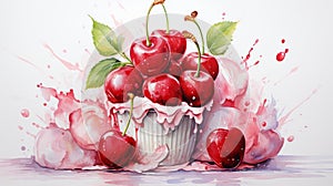 Fresh cherries ice cream and cherry syrup. For advertising, poster, banners. illustration AI generated