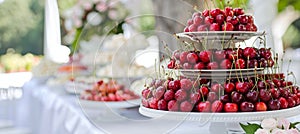 Fresh cherry berries on skewers in vibrant summer patio, displaying natural beauty and vivid colors