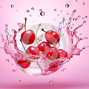 Fresh Cherry fruit falling in the air isolated on blue background, Yellow and pink cherries on blue background With