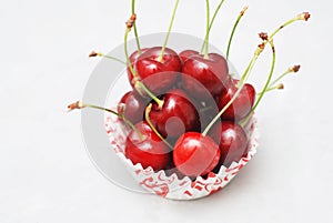 Fresh Cherry Fruit Health Vitamine in Cooking Cupcake Paper. Isoalted Light Background. Selective Focus. copy space.