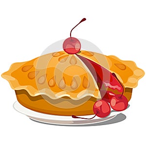 Fresh cherry pie on a plate isolated on white background. Vector cartoon close-up illustration.