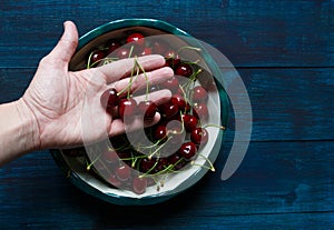 Fresh cherry on plate on wooden blue background. fresh ripe cherries. cherries. photo